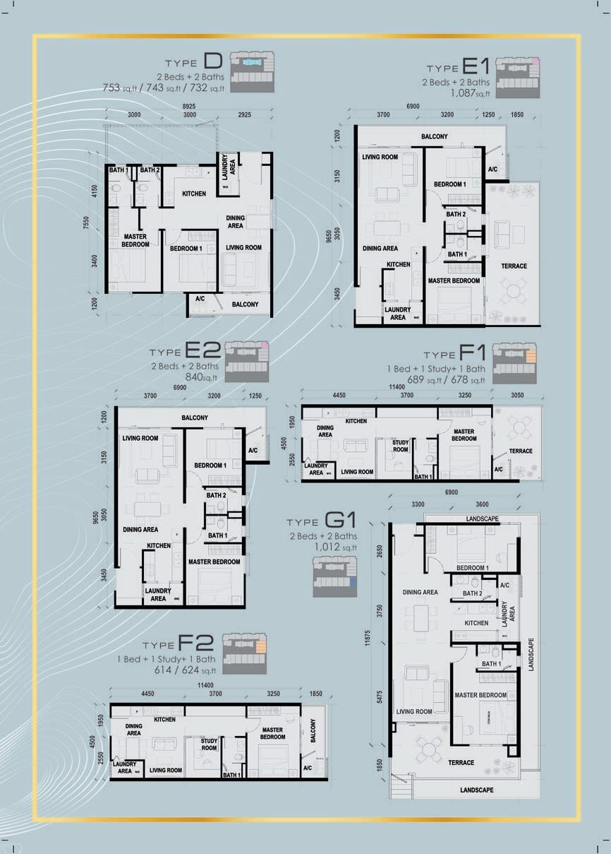 The BanQuet Residence floor plans Type D, E1, E2, F1, F2, G1