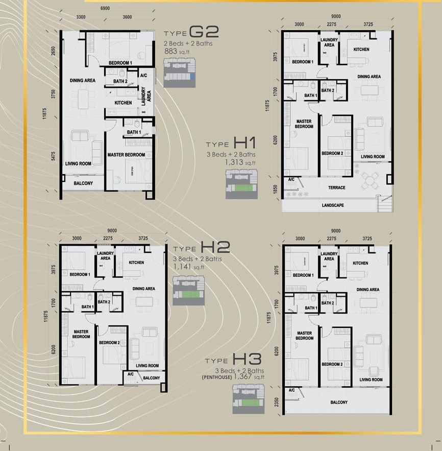 The BanQuet Residence floor plans Type G2, H1, H2, H3